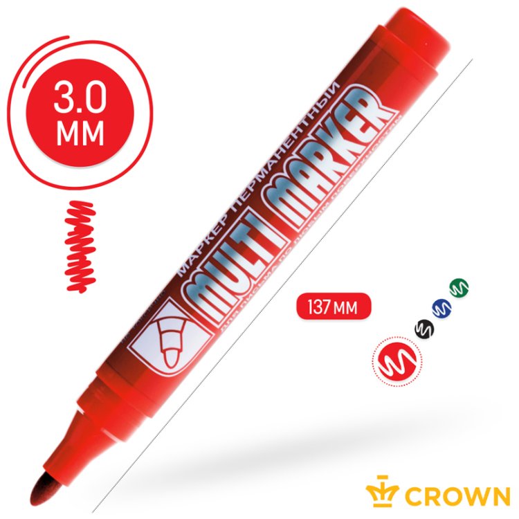 [CPM-800] Маркер перманентный Crown "Multi Marker" (красный, пулевидный, 3мм)  - Фото 2